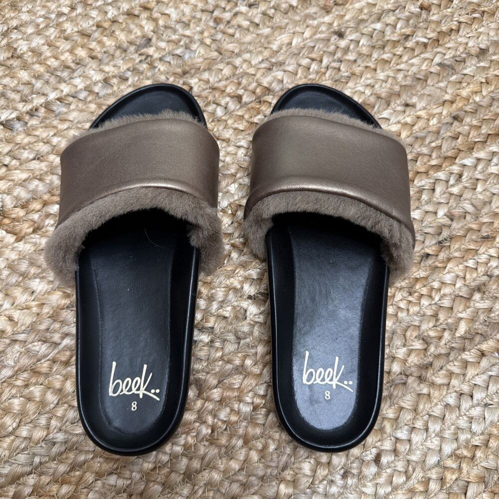 beek Gallito Shearling LeatherSlide Sandals Mocha/Bronze & Black Colorway Sz 8